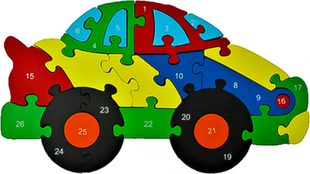 Puzzle 26 de piese multicolor din lemn in forma de masina 