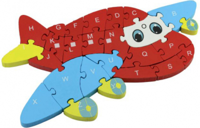 Puzzle Wood cu litere si numere din lemn 24 de piese colorate model avion Doty 