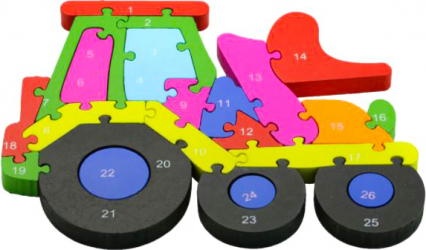 Puzzle Wood cu litere si numere din lemn 24 de piese colorate model tractoras Doty 