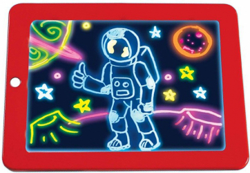 Set de desen Flashy Magic Drawing cu tableta transparenta cu leduri 3 markere neon efecte luminoase buton de schimbat culorile 30 sabloane 