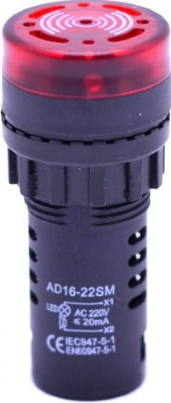 Buton indicator cu alarma si lumina 220V rosu 