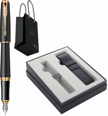 Set Parker Stilou Urban Royal Muted Black GT Personalizat prin Gravura Laser in Cutie cu Etui Piele Parker Focus Collection si Punga 