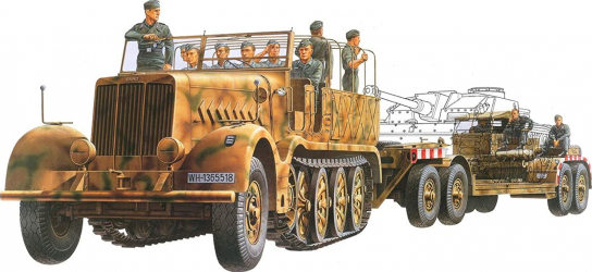 Kit de construit camion militar SdKfz.9 Famo cu trailer transportor si 12 figurine 1 35 