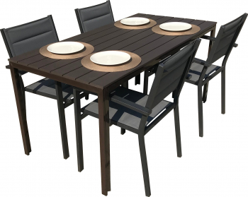 Mobilier pentru terasa gradina RAKI BAKA masa neagra 156x78xh74cm cu 4 scaune cu brate din panza dubla cu cadru aluminiu