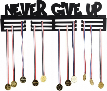 Suport pentru medalii Never give up fixare pe perete 12 carlige negru 