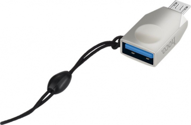 Adaptor OTG microUSB tata la USB 3.0 mama HOCO UA10 carcasa aliaj de zinc cu snur elastic argintiu
