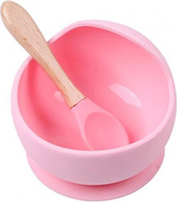 Set bol din silicon cu ventuza anti-alunecare si lingurita din bambus roz 350 ml