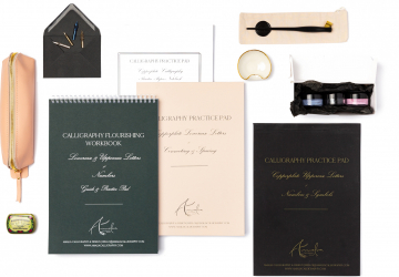 Kit Caligrafie Deluxe Amalia Calligraphy Set complet cu 1 toc 4 penite 3 cerneluri 4 caiete de lucru penar de piele