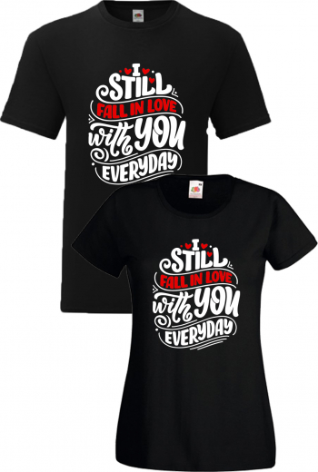 Set tricouri cuplu Falling in Love Everyday negru L+S 