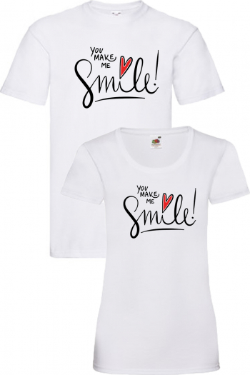 Set tricouri cuplu You make me smile alb/alb L+S 