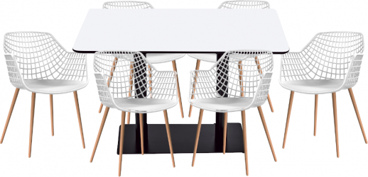 Set mobilier dining bucatarie RAKI masa dreptunghiulara cu blat MDF melaminat 120x80x75cm cu 6 scaune picioare lemn TOYAMA 