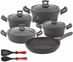 Set 11 piese Hascevher Germanitium 3 oale 3l 4l si 4 9l cu capac cratita 3 9l cu capac si tigaie 22cm granit-gri 
