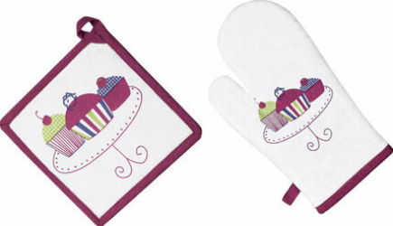 Set bucatarie 2 piese Model Cupcakes compus din manusa bucatarie si suport oala 100 Bumbac Multicolor 