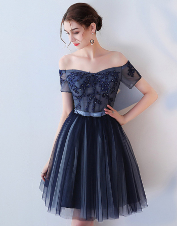 Rochie de ocazie bleumarin cu broderie marimea 42 XL 