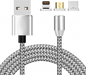 Cablu de date sau incarcare Magnetic 3 in 1 Reversibil USB la Lightning Micro USB Type-C ranforsat Gri SHO2197 