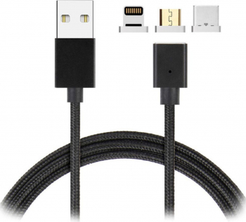 Cablu de date sau incarcare Magnetic 3 in 1 Reversibil USB la Lightning Micro USB Type-C ranforsat Negru SHO2198 