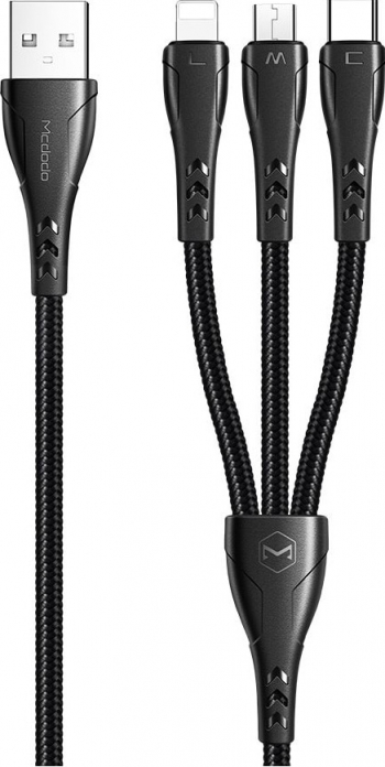 Cablu de date Mcdodo Mamba Series 3 in 1 Lightning & MicroUSB & Type-C Max 3A 1.2m Black 