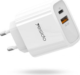 Incarcator retea Fast Charge Yesido Explore Type-C PD + USB QuickCharge 3.0 18W White 