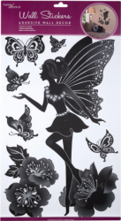 Sticker de perete cu Zana flori si fluturi 50 x 32 cm Negru Argintiu JMB-SHO2892 