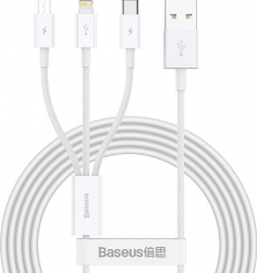 Cablu pentru incarcare si transfer de date Baseus Superior 3 in 1 USB Type-C/Lightning/Micro-USB 3.5A 1.5m Alb 