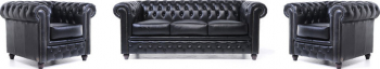 Canapea Chesterfield Original Piele 1 + 1 + 3 locuri Negru 12 ani garantie 
