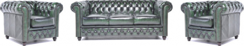 Canapea Chesterfield Original Piele 1 + 1 + 3 locuri Verde Antic 12 ani garantie 