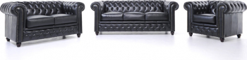 Canapea Chesterfield Original Piele 1 + 2 + 3 locuri Negru 12 ani garantie