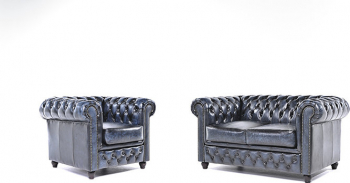 Canapea Chesterfield Original Piele 1 + 2 locuri Albastru Antic 12 ani garantie 