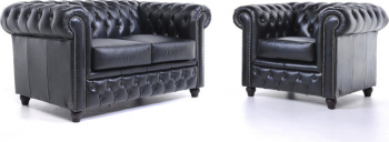 Canapea Chesterfield Original Piele 1 + 2 locuri Negru 12 ani garantie 