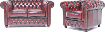 Canapea Chesterfield Original Piele 1 + 2 locuri Rosu Antic 12 ani garantie 