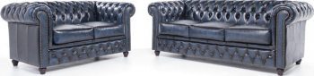 Canapea Chesterfield Original Piele 2 + 3 locuri Albastru Antic 12 ani garantie
