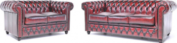 Canapea Chesterfield Original Piele 2 + 3 locuri Rosu Antic 12 ani garantie 