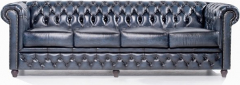 Canapea Chesterfield Original Piele 4 locuri Albastru Antic 12 ani garantie 