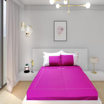 Lenjerie pat dublu extra Iris broderie 6 piese fucsia/alb bumbac 100 husa pilota 220x240 cearsaf pat 280x300 si 4xhusa perna50/70