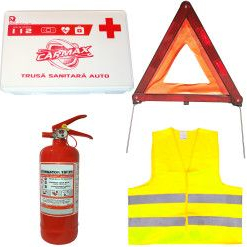 Kit auto siguranta Trusa sanitara auto + Stingator P1 cu manometru + Triunghi + Vesta semnalizare