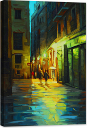 Tablou luminos in intuneric GlowforHome Peisaj de noapte in Barcelona 90 cm x 60 cm 