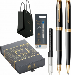 Set Parker Personalizat Stilou Pix Sonnet Royal Black cu convertor si mina montate + rezerva pix Quink Flow in cutie si punga 