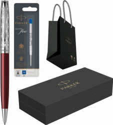 Set Parker Pix Sonnet Royal Metal and Red PDT cu mina rezerva pix si punga 