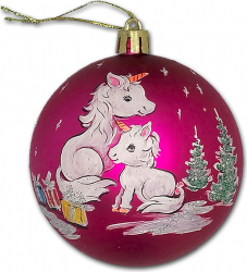 Globulet ArtDeco pentru bradul de Craciun din plastic roz cu 2 Unicorni pictat manual in culori acrilice diametrul de 8 cm 