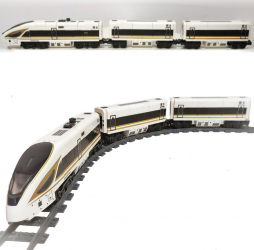 Trenulet electric alb/galben pentru calatori VICTOR din piese de constructie 