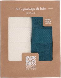 Set 2 prosoape baie Square Nature 50x90 cm bumbac organic crem si albastru-petrol 