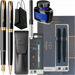 Set Stilou Pix Personalizat prin Gravura Laser Parker Sonnet Royal Black GT cu convertor montat rezerva mina pix calimara cerneala si etui 