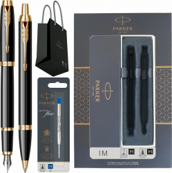 Set Stilou Pix Personalizat prin Gravura Laser Parker IM Royal Black Lacquer GT cu rezerva pix in cutie si punga Parker 