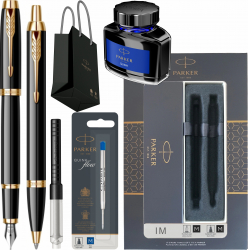 Set Stilou Pix Personalizat prin Gravura Parker IM Royal Black LacquerGT cu rezerva pix convertor calimara cerneala in cutie si punga Parker 