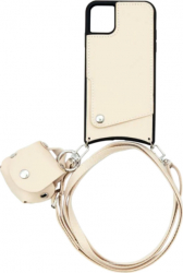 Husa piele ecologica pentru iPhone 11 cu buzunar depozitare card si bretea de sustinere si husa airpods 1 / 2 / 3 / Pro Crem 