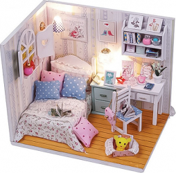 Casa de construit artizanala din lemn DIY dimensiune 19 cm cu leduri si accesorii Doty