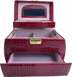 Cutie de bijuterii Nyx din piele ecologica tip croco 3 niveluri eleganta compartimentata contine oglinda interioara rosu 23 cm doty 
