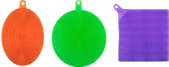 Set 3 bureti de vase multifunctional Rainbow Sponge silicon rezistent nu aluneca nu este abraziv forme diferite mov/verde/portocaliu Doty 