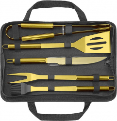 Set 5 ustensile pentru gratar Luxury Gold BBQ materiale de calitate geanta depozitare inclusa auriu Doty 