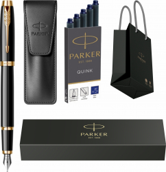 Stilou Parker IM Royal Black Lacquer GT Personalizat prin Gravura cu Cartuse lungi Parker Quink 5 buc etui Leather Black si punga Parker 